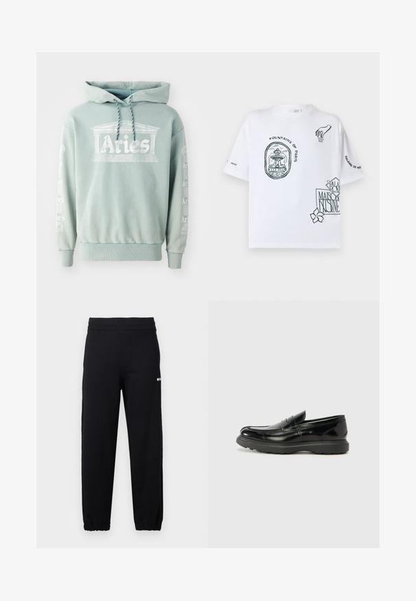 Mintgroene hoodie van katoen, met een voorprint van "Aries" met architectonische details, en tekst langs de mouwen in het wit.; Wit T-shirt met korte mouwen met zwarte schetsen van een fontein in Parijs, een hand die een bloem vasthoudt, en Maison Kitsuné tekst en logo's.; Zwarte joggingbroek met elastische tailleband en boorden, voorzien van een klein wit logo op de bovenkant van de linker dij.; Zwarte leren instapper met een glanzende afwerking, een ronde neus, subtiele stiksels en een dikke rubberen zool voor duurzaamheid.