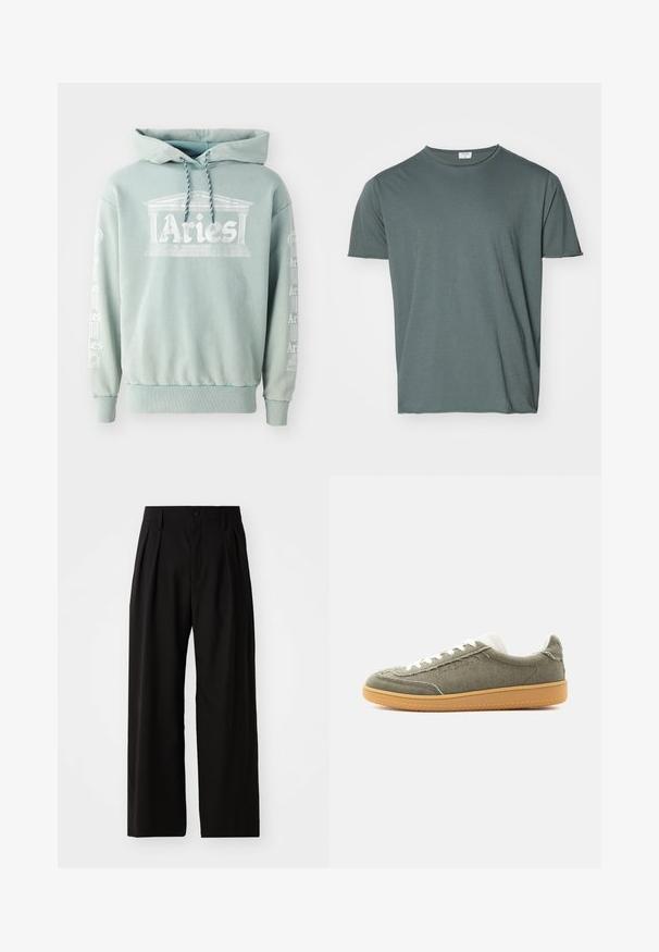 Mintgroene hoodie van katoen, met een voorprint van "Aries" met architectonische details, en tekst langs de mouwen in het wit.; Donkergroen T-shirt met ronde hals, korte mouwen, zacht materiaal, relaxed fit, gladde textuur, geen zichtbare patronen of accenten.; Zwarte wijde broek met een gladde textuur, voorzien van twee voorklokken, een knoopsluiting en zijzakken. Duurzaam materiaal.; Lage casual sneaker met olijfgroene stoffen bovenkant, witte veters, gevoerde kraag en zool van kauwgomrubber, getoond op een effen achtergrond.