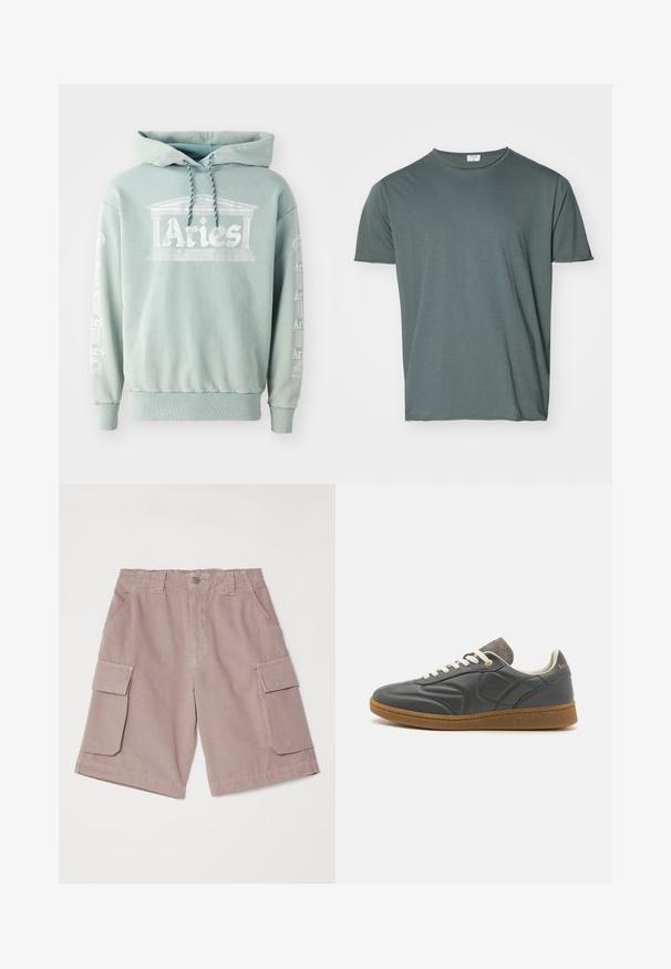 Hoodie vert menthe en coton, doté d'une impression frontale "Bélier" avec des détails architecturaux, et de texte en blanc le long des manches.; T-shirt à col rond vert foncé, à manches courtes, en tissu doux, coupe décontractée, texture lisse, sans motifs ni accents visibles.; Shorts cargos en mauve clair, en coton. Comprend deux grandes poches latérales, des passants de ceinture et une fermeture à bouton, avec une coupe droite.; Baskets en cuir gris foncé avec un bout arrondi, lacets blancs, semelle en caoutchouc beige et légers accents en tissu gris au niveau du col. Détail du logo doré.