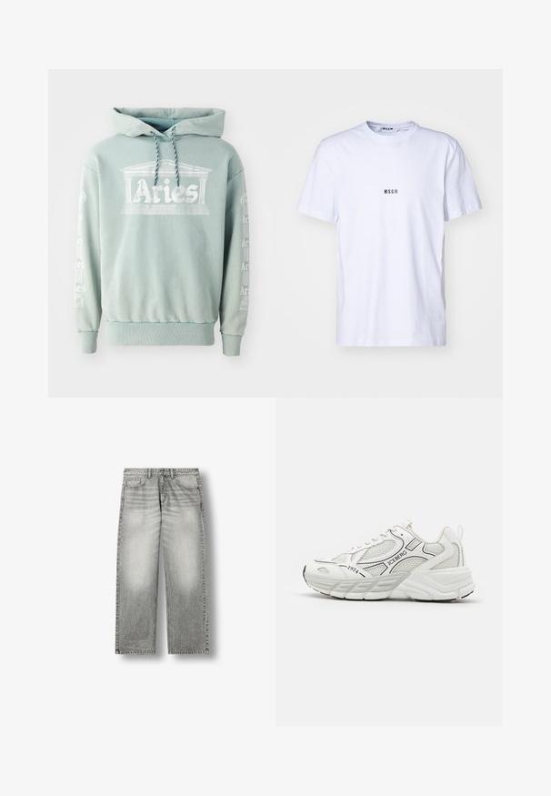 Hoodie vert menthe en coton, doté d'une impression frontale "Bélier" avec des détails architecturaux, et de texte en blanc le long des manches.; T-shirt blanche en coton avec un col rond, des manches courtes et un petit logo noir "MSGM" imprimé sur le devant. Texture lisse.; Jean en denim gris délavé droit avec poches avant, passants de ceinture et fermeture par bouton sur fond blanc.; Baskets blanches avec des panneaux en maille, des superpositions texturées, des accents noirs et une semelle épaisse. Présente le nom de la marque "ICEBERG" et l'année "1974."