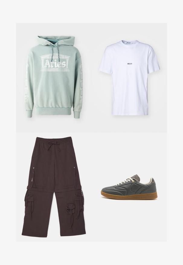 Mintgroene hoodie van katoen, met een voorprint van "Aries" met architectonische details, en tekst langs de mouwen in het wit.; Witte katoenen T-shirt met een ronde halslijn, korte mouwen en een klein zwart 'MSGM'-logo op de voorkant. Glad van structuur.; Bruine sweatpants met een elastische tailleband, verstelbare trekkoord, twee zijzakken met rits en cargo-achtige accenten met bindkoord.; Donkergrijze leren sneaker met een ronde neus, witte veters, tan rubberen zool en subtiele grijze stofaccenten op de kraag. Gouden logo-detail.