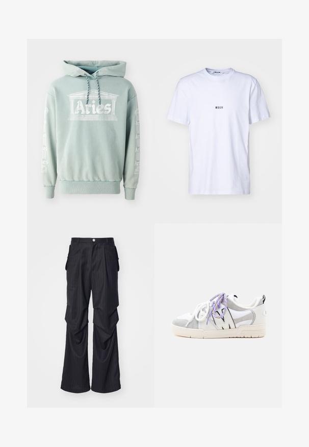Πράσινη μέντα hoodie φτιαγμένη από βαμβάκι, με μπροστινή εκτύπωση "Αιγόκερως" με αρχιτεκτονικές λεπτομέρειες και κείμενο κατά μήκος των μανικιών σε λευκό χρώμα.; Λευκό βαμβακερό μπλουζάκι με στρογγυλή λαιμόκοψη, κοντά μανικάκια και μικρό μαύρο λογότυπο "MSGM" τυπωμένο μπροστά. Λείο υφή.; Μαύρο παντελόνι με ρίγες και φαρδιά σχεδίαση ποδιού, με πιέτες, πλαϊνές τσέπες και κλείσιμο με κουμπί στην μπροστινή πλευρά. Λείο υλικό.; Άσπρο και γκρι αθλητικό παπούτσι χαμηλού τύπου με μωβ και άσπρα κορδόνια και χοντρή μπεζ σόλα σε απλό φωτεινό φόντο.