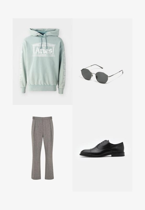 Hoodie vert menthe en coton, doté d'une impression frontale "Bélier" avec des détails architecturaux, et de texte en blanc le long des manches.; Pantalon gris taille haute à jambes droites avec plis à l'avant et pattes latérales ajustables sur fond blanc.; Chaussure habillée en cuir noir avec un bout arrondi, un design à lacets et des détails de couture subtils. Présente un petit talon et une texture lisse.; Lunettes de soleil en métal avec des verres gris foncé, forme d'objectif octogonale, fines montures métalliques et branches élancées. Design minimaliste sans logos visibles.