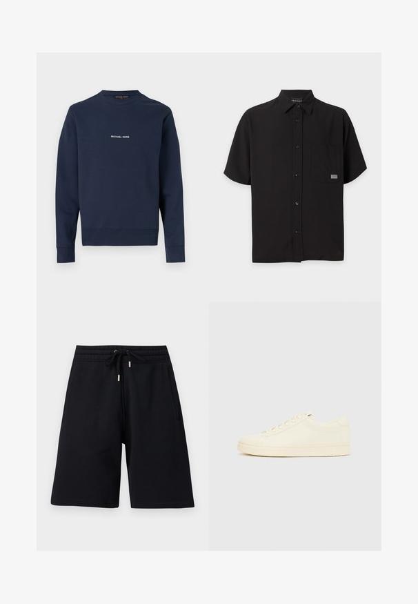 Sweat-shirt bleu marine à col rond avec manches longues et "MICHAEL KORS" imprimé en blanc au centre de la poitrine.; Chemise noire à manches courtes avec boutons, col et poche poitrine avec une petite étiquette logo métallique rectangulaire.; Shorts noirs mi-genoux avec taille élastique et cordon de serrage, dotés de poches latérales et d'une coupe décontractée.; Baskets couleur crème avec une tige en cuir lisse, bout arrondi, laçage à l'avant et semelle en caoutchouc texturée. Design minimaliste, sans logo.
