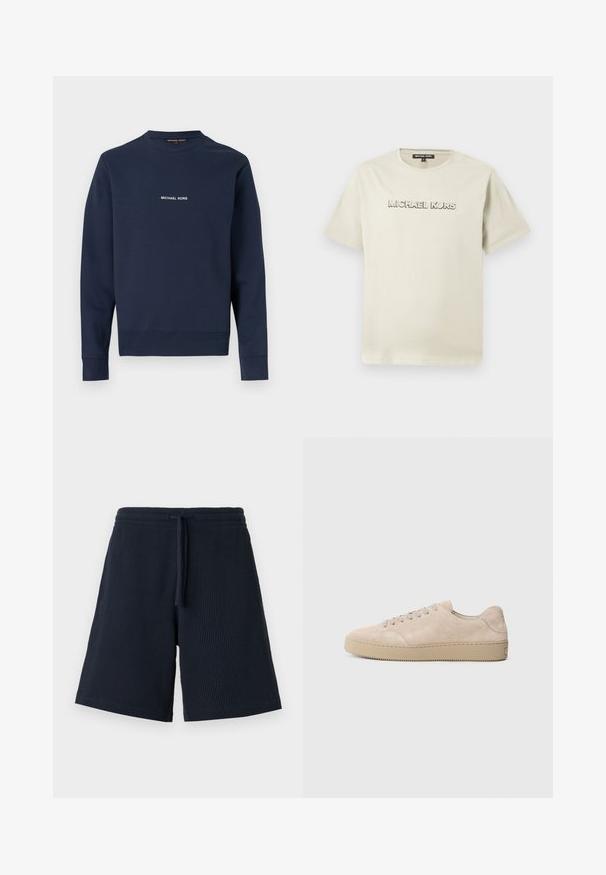 Sweat-shirt bleu marine à col rond avec manches longues et "MICHAEL KORS" imprimé en blanc au centre de la poitrine.; T-shirt en coton beige clair avec un col rond, des manches courtes et le texte "MICHAEL KORS" embossé sur la poitrine.; Shorts bleu marine en maille gaufrée avec taille élastique et cordon de serrage devant, longueur genou et style décontracté.; Baskets en daim beige avec un bout rond, des lacets plats et une semelle en caoutchouc texturé. Design minimaliste avec des bords lisses et des coutures discrètes.