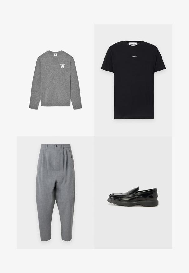 Grå strikket sweater med en rund halsudskæring og ribbede manchetter. Et hvidt bogstav "W" er broderet på venstre bryst. Blød tekstur.; Sort kortærmet t-shirt med rund hals og lille hvidt "ICEBERG" logo centreret på brystet mod en ensfarvet baggrund.; Lysegrå højttaljede bukser med plisseringer, tilspidsede ben, sidelommer og en sort knaplukning ved taljen.; Sort læderloafer med en blank finish, rund tå, subtile syninger og en tyk gummisål for holdbarhed.