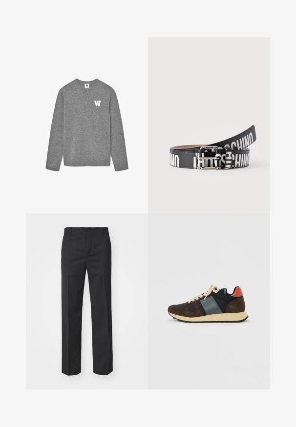 Sivý pletený sveter s okrúhlym výstrihom a rebrovanými manžetami. Na ľavej hrudi je vyšité biele písmeno "W". Mäkká textura.; Filippa K TROY TROUSERS - Nohavice - black; Nízke tenisky s hnedou semišovou časťou, námorníckymi a tyrkysovými panelmi, krémovými šnúrkami, béžovou podrážkou a červeným úchytom na päte na bielom pozadí.; Čierny kožený opasok s bielym výrazným nápisom "MOSCHINO" a striebornou obdĺžnikovou prackou, čiastočne stočený na bielom pozadí.