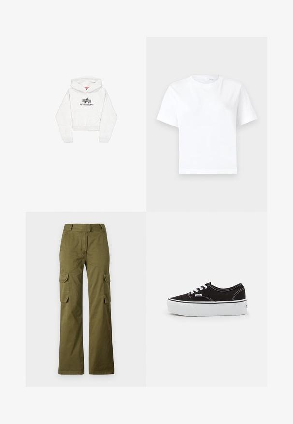 Lichtgrijze cropped hoodie van zachte stof, met een voorvak en een zwart "Alpha Industries" logo met gestileerde accenten op de borst.; Effen witte katoenen T-shirt met korte mouwen, ronde hals en rechte zoom, getoond op een witte achtergrond.; Olijfgroene cargobroek van een katoenmix, met een rechte pijp, twee zijzakken en een knoopsluiting bij de taille.; Zwarte canvas sneaker met een witte rubberen platformzool, voorzien van witte veters en stiksels, iconische branding op de zijkant, low-top ontwerp.