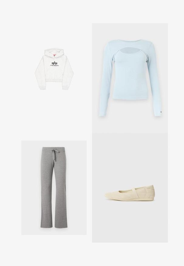 Lys grå cropped hoodie lavet af blødt stof, med en frontlomme og et sort "Alpha Industries" logo med stiliserede detaljer på brystet.; Lyseblå langærmet top med rund halsudskæring og en vandret udskæring på tværs af brystområdet.; Grå sweatpants i bomuldsblanding med vid benform, elastisk talje og justerbar snøre. Blød tekstur, glat finish, uden mønster.; Lysebrune ballet flats med en glat læderoverflade, mandelformet tå og elastisk rem over vristen, med diskrete syninger.