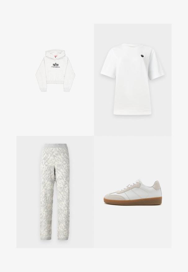 Lichtgrijze cropped hoodie van zachte stof, met een voorvak en een zwart "Alpha Industries" logo met gestileerde accenten op de borst.; Witte t-shirt met korte mouwen met een kleine zwarte graphic op de linkerborst, tegen een effen lichte achtergrond.; Geweven loungebroek in ivoor met grijze patronen, voorzien van een zachte stof, elastische tailleband en geribde manchetten.; Witte leren sneakers met beige suède accenten, een gestructureerde tong en een rubberen zool. Voorzien van witte veters en subtiele gestikte details.