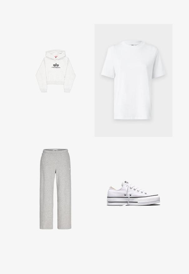 Lichtgrijze cropped hoodie van zachte stof, met een voorvak en een zwart "Alpha Industries" logo met gestileerde accenten op de borst.; Witte katoenen T-shirt met ronde hals, korte mouwen en een gladde textuur. Ontworpen met een comfortabele en veelzijdige relaxte pasvorm.; Lichtgrijze sweatpants met rechte pijpen, elastische tailleband en een klein wit logo op de bovenkant van het dijbeen.; Witte lage canvas sneaker met witte veters, zwarte strepen op de zool en een rubberen, getextureerde neuskap, zijaanzicht op een witte achtergrond.