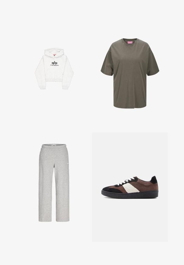 Heled hall hallatud kapuutsiga särk pehmest kangast, millel on ees tasku ja must "Alpha Industries" logo stiliseeritud aktsentidega rinnal.; Oliivroheline ülemõõduline T-särk pehmest puuvillast, millel on klassikaline ümar kaelus ja lühikesed varrukad, ning roosa silt sees.; Helehallid sirge lõikega dressipüksid elastse vöökohaga ja väike valge logo reie ülaosas.; Kamelpruunid, mustad ja kreemjad seemisnahast tossud tekstuurse valge paneeliga. Neil on valged paelad, ümar varvas ja must kummist tald.