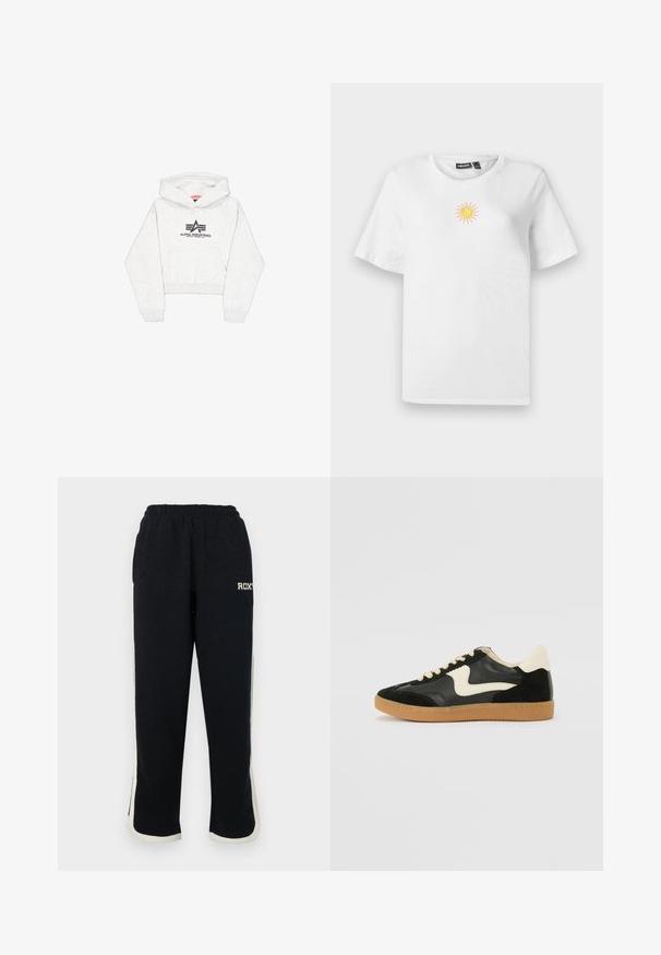 Lys grå cropped hoodie lavet af blødt stof, med en frontlomme og et sort "Alpha Industries" logo med stiliserede detaljer på brystet.; Hvid bomulds T-shirt med korte ærmer, der har et lille, broderet design af en sol i gult og pink på brystet.; Sorte sweatpants med elastisk talje, hvide sidelister og et lille logo på forsiden. Fremstillet af et blødt, tekstureret stof.; Sorte ruskinds- og lædersneakers med en cremefarvet side-swoosh og lys cremefarvet hæl. Har beige snørebånd og en gummirubber-sål.