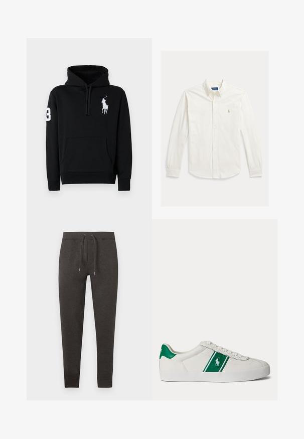 Sudadera negra de algodón, con un bolsillo frontal, capucha con cordón y un logo de jugador de polo en blanco con el número 3 en la manga.; Camisa blanca de manga larga con botones y cuello, con el logo de Polo Ralph Lauren bordado en el pecho izquierdo.; Pantalones de chándal gris oscuro hechos de material suave, con cintura elástica con cordón, piernas ajustadas y puños en el tobillo.; Zapatilla blanca de corte bajo con una franja verde y el logo de Polo en el lateral, lengüeta verde en el talón y cordones blancos, mostrada desde el lado izquierdo sobre un fondo liso.