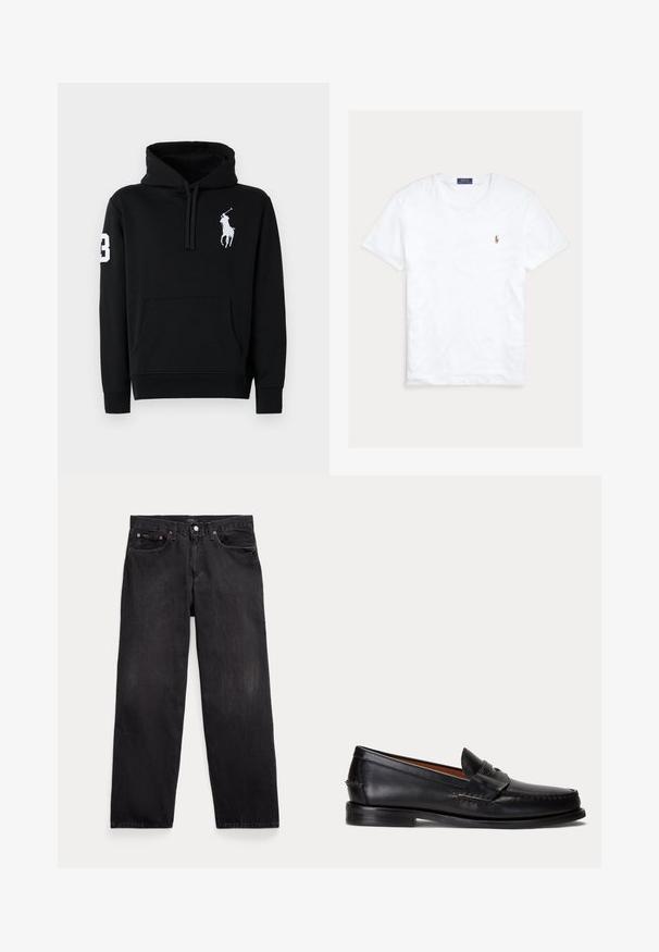 Must musta, mis on valmistatud puuvillast, esifann ei, nööriga kapuuts ja valge polo mängija logo numbriga 3 varrukal.; Valge lühikeste varrukatega ümara kaelusega T-särk, millel on väike Polo Ralph Laureni tikitud logo vasakul rinnal ning sinine kaubamärgi silt krae sees.; Mustad sirgete lõikega teksapüksid viie tasku, nööpidega kinnituse ja nähtavate metallnappidega esimestel taskutel.; Mustast nahast loafer madala kontsa ja penny rihma detailiga, näidatud küljelt helehallil taustal.