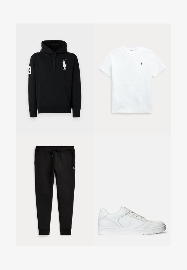 Sort hoodie lavet af bomuld, med en frontlomme, snoretræk i hætten og et hvidt polo-spillerlogo med nummer 3 på ærmet.; Hvid bomulds t-shirt med korte ærmer, rund hals og et lille marineblåt logo på venstre bryst. Glat tekstur og klassisk pasform.; Sorte joggingbukser med ombuk ved anklerne, snøre i taljen, sidelommer og lille hvid polo-spiller logo på højre lår.; Hvide lædersneakers med en glat tekstur, der har en perforeret tå, snørebåndslukning og broderet logo på siden. Hvid gummisål.