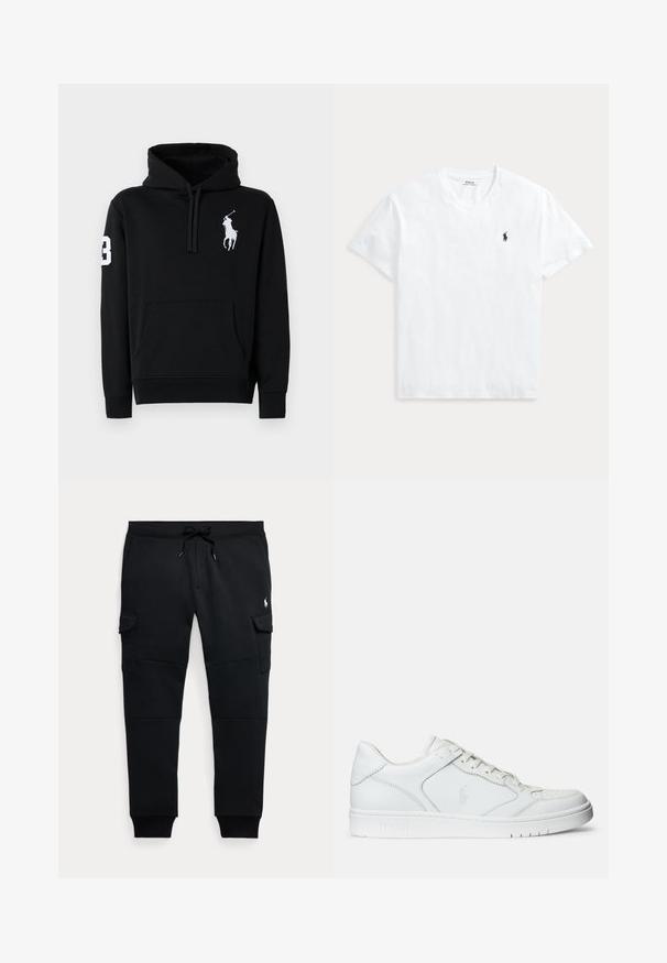 Schwarzer Kapuzenpullover aus Baumwolle, mit einer Fronttasche, Kordelzugkapuze und einem weißen Polo-Spieler-Logo mit der Nummer 3 auf dem Ärmel.; Weißes T-Shirt mit V-Ausschnitt und kurzen Ärmeln mit kleinem marineblauem Polo Ralph Lauren Pferdelogo auf der linken Brust.; Schwarze Cargo-Jogginghose mit Tunnelzugbund, seitlichen Klappentaschen, gerippten Bündchen und kleinem weißen Polo-Spieler-Logo am rechten Oberschenkel.; Weißer Ledersneaker mit glatter Textur, ausgestattet mit einer perforierten Zehenpartie, Schnürverschluss und gesticktem Logo an der Seite. Weiße Gummisohle.