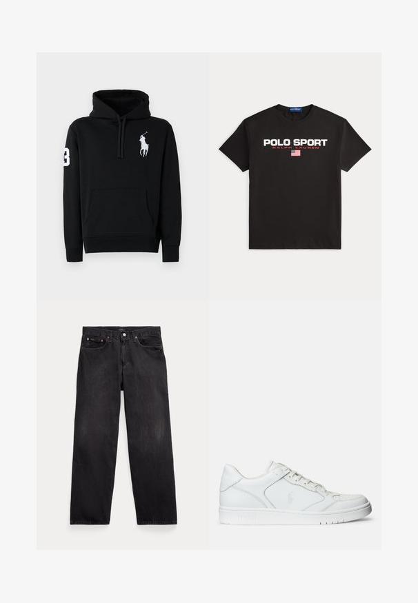 Schwarzer Kapuzenpullover aus Baumwolle, mit einer Fronttasche, Kordelzugkapuze und einem weißen Polo-Spieler-Logo mit der Nummer 3 auf dem Ärmel.; Schwarzes kurzärmeliges T-Shirt mit den Texten „"POLO SPORT"“ und „"RALPH LAUREN"“ sowie einer kleinen amerikanischen Flagge vorne in der Mitte bedruckt.; Schwarze Jeans mit geradem Bein, fünf Taschen, Knopfverschluss und sichtbaren Metallnieten an den vorderen Taschen.; Weißer Ledersneaker mit glatter Textur, ausgestattet mit einer perforierten Zehenpartie, Schnürverschluss und gesticktem Logo an der Seite. Weiße Gummisohle.