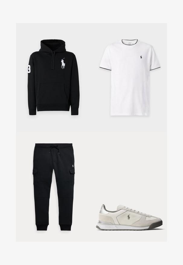 Zwarte hoodie van katoen, met een voorkantzak, trekkoordcapuchon en een witte polo spelerlogo met het nummer 3 op de mouw.; Witte T-shirt met korte mouwen en zwarte bies op de kraag en mouwen, met een klein zwart Polo Ralph Lauren-logo op de linkerborst.; Zwarte cargo joggerbroek met trekkoord in de taille, zijzakken met klep, geribde boorden en een klein wit polo speler logo op het rechterdijbeen.; Lage witte en lichtgrijze sneaker met Polo-logo aan de zijkant, veters aan de voorkant en zilveren accent op de hiel.