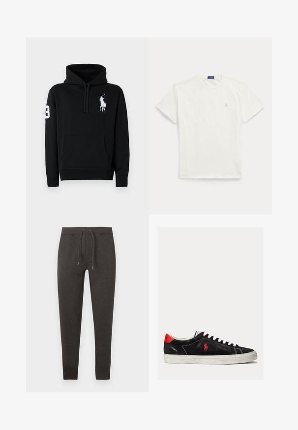 Sort hoodie lavet af bomuld, med en frontlomme, snoretræk i hætten og et hvidt polo-spillerlogo med nummer 3 på ærmet.; Hvid kortærmet t-shirt med rund hals og lille lys beige Polo Ralph Lauren-logo på venstre bryst.; Mørkegrå joggingbukser lavet af blødt materiale, med elastisk talje med snor, tilspidsede ben og manchetter ved anklerne.; Sorte ruskind sneakers med hvide snørebånd, røde accenter på hælen og et lille rødt logo. Har en flad gummisål og enkel syning.