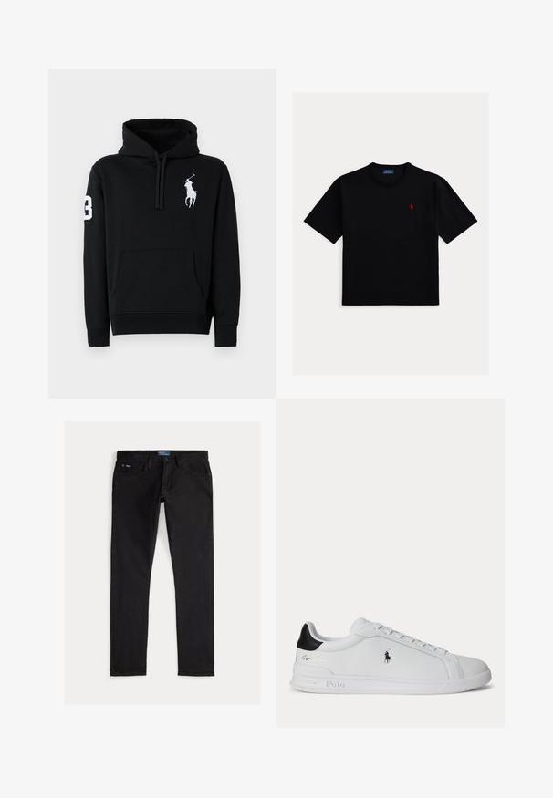 Sudadera negra de algodón, con un bolsillo frontal, capucha con cordón y un logo de jugador de polo en blanco con el número 3 en la manga.; Camiseta negra de manga corta hecha de algodón, con cuello redondo y un pequeño logo rojo de polo en el pecho izquierdo.; Vaqueros negros de mezclilla con un ajuste slim, que cuentan con cinco bolsillos, trabillas para cinturón y una etiqueta azul de la marca en la cintura. Tejido liso y duradero.; Zapatilla blanca de corte bajo con lengüeta trasera negra, cordones y logo de Polo Ralph Lauren en el lateral, con detalles en relieve en la suela.