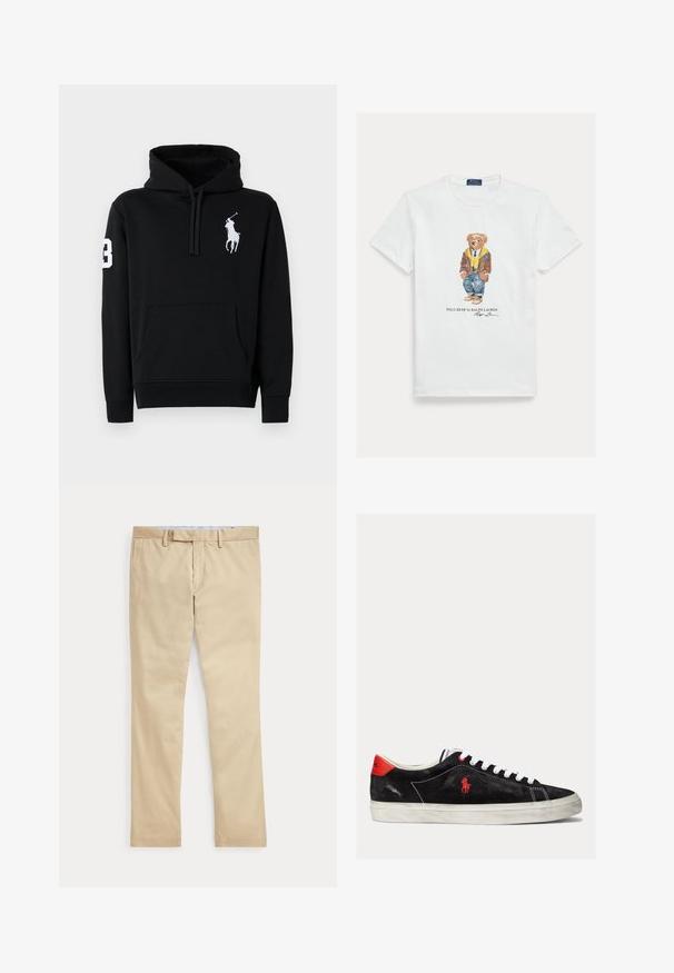 Sudadera negra de algodón, con un bolsillo frontal, capucha con cordón y un logo de jugador de polo en blanco con el número 3 en la manga.; Camiseta blanca de algodón con una imagen gráfica de un oso de dibujos animados vestido. Detalles destacables incluyen una chaqueta marrón, una sudadera con capucha amarilla y vaqueros azules.; Pantalones beige de corte recto con trabillas para cinturón y cremallera frontal, colocados planos sobre un fondo blanco.; Zapatillas de ante negro con cordones blancos, acentos rojos en el talón y un pequeño logo rojo. Presenta una suela de goma plana y un cosido sencillo.