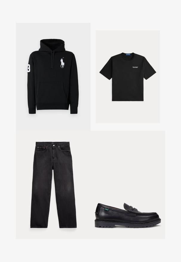 Sudadera negra de algodón, con un bolsillo frontal, capucha con cordón y un logo de jugador de polo en blanco con el número 3 en la manga.; Camiseta negra de algodón con mangas cortas, con cuello redondo y logo bordado "Polo Sport Ralph Lauren" en blanco en el pecho izquierdo.; Vaqueros negros de corte recto con cinco bolsillos, cierre de botón y remaches metálicos visibles en los bolsillos delanteros.; Mocasín de cuero negro con suela gruesa estriada y pequeña etiqueta verde "Polo" en el lado exterior cerca del talón.
