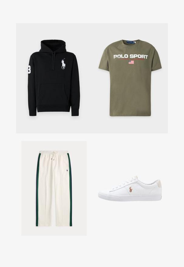 Sort hoodie lavet af bomuld, med en frontlomme, snoretræk i hætten og et hvidt polo-spillerlogo med nummer 3 på ærmet.; Kortærmet t-shirt i olivengrøn med hvid "Polo Sport" tekst, mindre rød "Ralph Lauren" tekst og et lille amerikansk flag under teksten.; Hvide sweatpants med snøre i taljen, med marineblå og grønne sidelommer og et lille marineblåt polo-spiller-logo på højre lår.; Hvide kanvas sneakers med lågtop design, prydet med en beige hælkappe og et lille broderet logo på siden. Gummisål.
