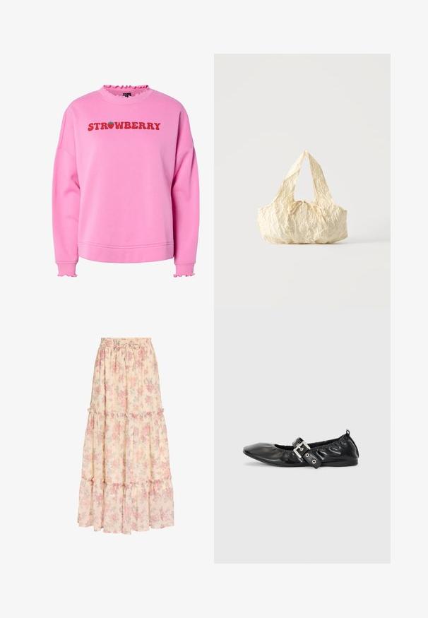 Sweatshirt rose avec un col et des poignets volants, présentant "FRAISE" en texte rouge en gras et un graphique de fraise verte au-dessus du texte.; Jupe longue beige avec motif floral rose, taille élastique avec cordon et détails à volants superposés.; Chaussure plate en cuir noir avec un nez pointu, des détails froncés autour de l'ouverture et un accent en boucle argentée sur la bride ajustable.; Sac à main en tissu texturé couleur crème avec des anses sur le dessus et un petit nœud noué au centre devant.