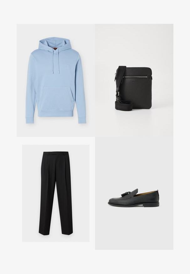 Sweat à capuche bleu clair avec poche kangourou à l'avant et capuche à cordon de serrage, arborant un logo subtilement embossé sur la poitrine.; Pantalon noir sur mesure avec jambes droites, plis à la taille, passants de ceinture et poches latérales fendues, présenté sur un fond uni.; Mocassin pour homme en cuir noir avec pompons, bout arrondi, petit talon et languette à l'arrière, présenté de profil sur un fond gris clair.; Sac à bandoulière en cuir noir avec une surface texturée, poche avant zippée et une sangle en tissu réglable. Design simple et carré.