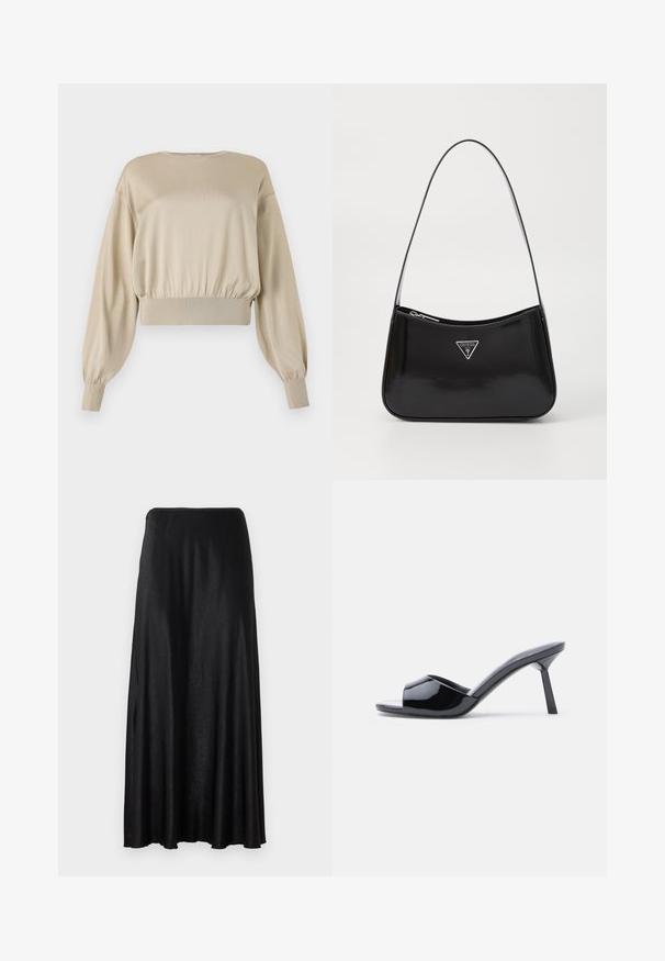 Beige cropped sweatshirt med lange, ballonærmer; glat tekstur; ribbet nederkant og cuffs; minimalistisk design, rund hals.; Sort, gulvlange nederdel lavet af et glat, letvægtsstof. Har et simpelt, sømløst design med en elastisk talje.; Sorte laklæder sandaletter med åben tå, der har et buet overdesign og en spids stilethæl. Glat, blank finish.; Sort patenteret læder skuldertaske med en buet form, prydet med et sølvfarvet trekantet logo og en lynlås-lukning. Glat tekstur og slank rem.