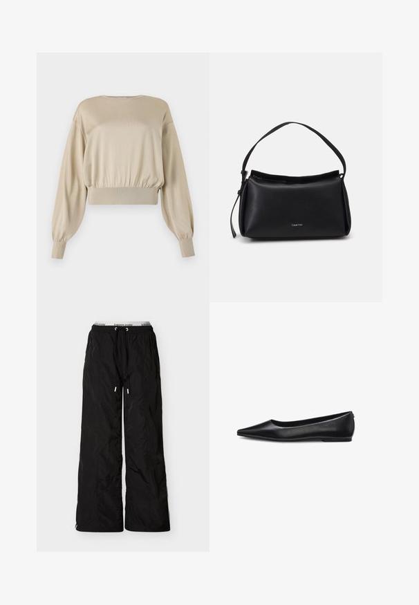 Beige cropped sweatshirt med lange, ballonærmer; glat tekstur; ribbet nederkant og cuffs; minimalistisk design, rund hals.; Løse sorte nylonbukser med elastik i taljen og snøre, lynlåslommer i siden og synligt Tommy Jeans-mærket inderbånd i taljen.; Sort læder fladsko med spids tå, lav hæl og glat finish vist fra siden på hvid baggrund.; Sorte læderhåndtaske med en buet form, en enkelt skulderrem og lynlås lukning øverst. Har et diskret logo på fronten til branding.