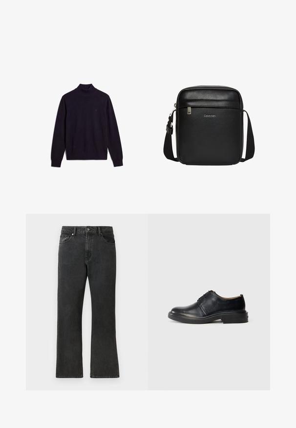 Jersey negro de cuello alto y manga larga con cuello, puños y dobladillo acanalados, que muestra un pequeño logo bordado en la parte superior izquierda del pecho.; Jeans de mezclilla negra con un corte recto, que cuentan con una cintura de altura media, cinco bolsillos y un cierre de botón. Textura sutilmente desgastada en todo el tejido.; Zapato oxford de cuero negro con punta redonda, cordones en la parte frontal y tacón bajo y apilado sobre un fondo claro y liso.; Bolso bandolera negro de Calvin Klein con correa ajustable, bolsillo frontal con cremallera y logotipo sutil en superficie de piel texturizada.