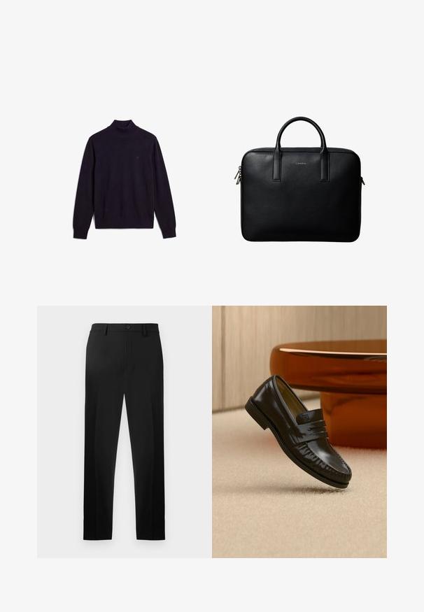 Pull à col roulé noir à manches longues avec col, poignets et ourlet côtelés, affichant un petit logo brodé sur la partie supérieure gauche de la poitrine.; Pantalons noirs en tissu lisse, avec une coupe droite, des plis avant et une fermeture à bouton à la taille.; Mocassin en cuir noir brillant avec un détail de bride, posé sur un tapis beige près d'une table basse ronde en bois brun dans une pièce doucement éclairée.; Mallette en cuir noir texturé avec double poignées et tirettes de fermeture éclair argentées, centrée sur fond blanc.