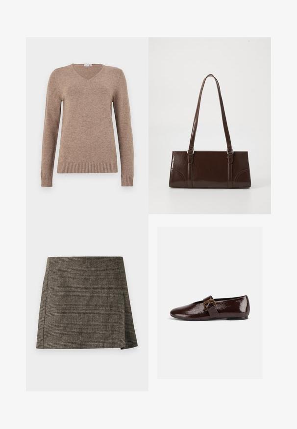 V-hals sweater i lys brun, lavet af blødt stof. Har lange ærmer samt ribbet nederste kant og manchetter for ekstra tekstur. Simpelt design.; Brun og grå plaid mini nederdel med subtilt sidesnit, lige snit og tekstureret stof.; Mørkebrun laklædersko med stor guldlås og rund tå, vist i sideprofil på hvid baggrund.; Brun lakeret håndtaske med rektangulær form, to lange håndtag og subtile buede detaljer på fronten.