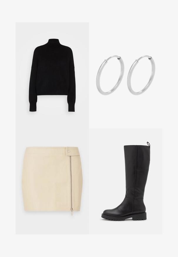 Sort rullekravesweater med lange ærmer, cropped design, strikket tekstur og tætsiddende manchetter. Enkel, ensfarvet uden mønstre.; Beige lædernederdel i minilængde med tætsiddende design, udstyret med lynlås og knaplukning i siden. Glat tekstur med syningsdetaljer.; Vagabond KENOVA - Høje støvler/ Støvler - black; Sølv hoops øreringe, cirkulær form, glat skinnende tekstur og ensartet bredde hele vejen igennem. Minimalistisk design uden yderligere accenter.