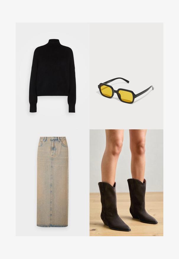Sort rullekravesweater med lange ærmer, cropped design, strikket tekstur og tætsiddende manchetter. Enkel, ensfarvet uden mønstre.; En lang denimnederdel i lyseblå med lige snit. Har fem lommer, bæltestropper og knaplukning foran. Fadede tekstur over det hele.; Pavement NIKKI - Cowboy- / bikerstøvler - brown; Sorte rektangulære solbriller med gule linser. Funktioner inkluderer tykke stel og kantet design med en glat, blank finish.