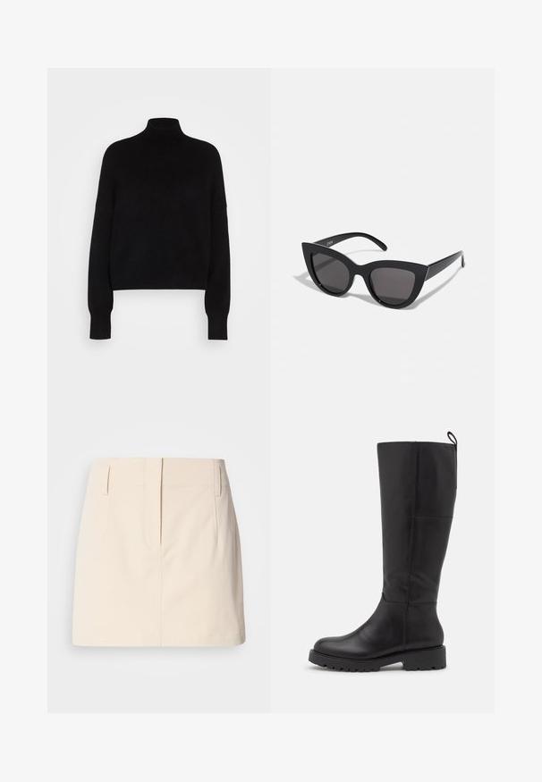 Pull en col roulé noir avec des manches longues, design cropped, texture tricotée et poignets ajustés. Simple, couleur unie sans motifs.; Calvin Klein Jeans SKIRT - Jupe trapèze - fog; Vagabond KENOVA - Bottes - black; Lunettes de soleil noires en forme d'œil de chat avec une finition mate, dotées de verres teintés gris, d'angles aigus et de branches élégantes. Nom de la marque visible sur la branche intérieure.