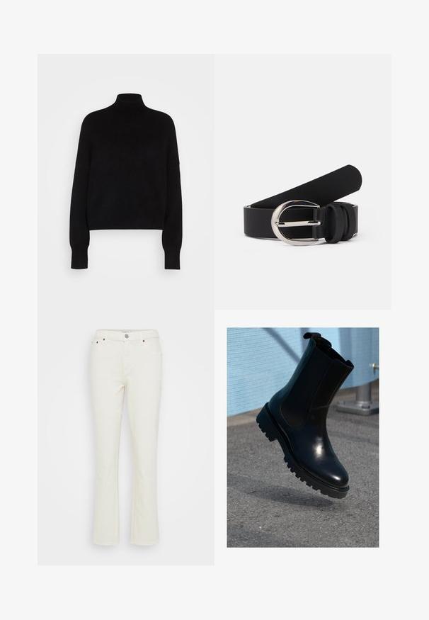 Sort rullekravesweater med lange ærmer, cropped design, strikket tekstur og tætsiddende manchetter. Enkel, ensfarvet uden mønstre.; Flarede hvide denimjeans med en tekstureret overflade, fem-lomme design, metalknaplukning og subtile stikninger på sømmene.; Sort ankelstøvle i læder med elastiske sidepaneler, rund tå og en tyk, tekstureret sål. Glat finish med et minimalistisk design.; Sort læderbælte med en glat overflade, der har en sølvfarvet metalspænde og enkle løb-accenter. Designet er elegant og minimalistisk.