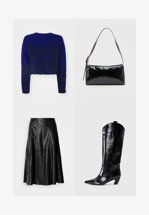 Blå cropped sweater med sort leopardprint design, strikket tekstur, rund halsudskæring og lange ærmer. Blødt, fuzzy stof.; Sort lædernederdel med en flagrende silhuet, der har synlige sømme og en glat tekstur. Mellemlang design med en klassisk snit.; Sorte læderknæhøje støvler med spids tå, lav hæl og dekorative syninger på siderne. Glat, blank overflade.; Sort rektangulær skuldertaske med en enkelt justerbar rem og lynlås i toppen på en ensfarvet baggrund.