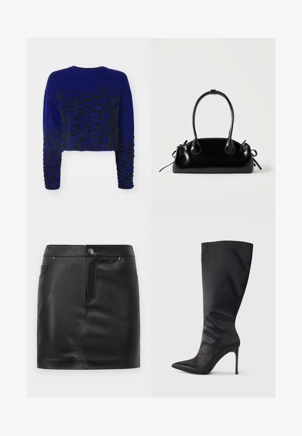 Pull cropped bleu avec un motif léopard noir, texture tricotée, col rond et manches longues. Tissu doux et duveteux.; Mini-jupe en simili cuir noir avec un bouton à l'avant, fermeture éclair, poches avant et arrière, et détails de couture.; Botte noire haute jusqu'aux genoux en cuir verni lisse et élégant ; bout pointu ; ajustée avec un léger froncé près de la cheville ; talon brillant.; Petit sac à main noir brillant avec deux longues anses et des détails à cordon sur les côtés sur un fond clair uni.
