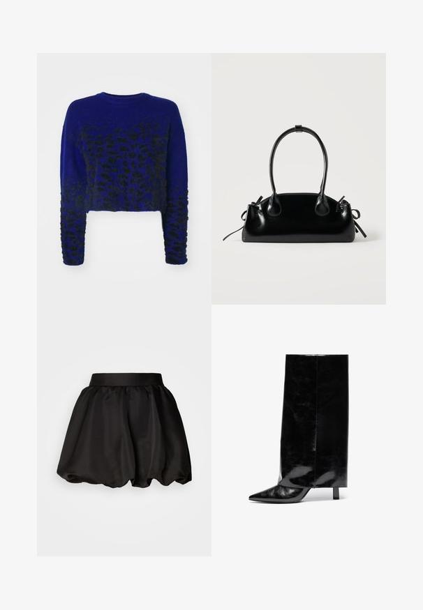 Blå cropped sweater med sort leopardprint design, strikket tekstur, rund halsudskæring og lange ærmer. Blødt, fuzzy stof.; Sort satin nederdel med en bred taljeelastik, der har en voluminøs, bobleform. Glat tekstur uden synlige mønstre eller hardwaredetaljer.; Sorte læder ankelstøvler med spids tå og blokhæl, der har en høj, blank skaft og en tekstureret overflade på den nedre del.; Lille sort blank håndtaske med to lange håndtag og snøre-detaljer i siden på en ensfarvet lys baggrund.