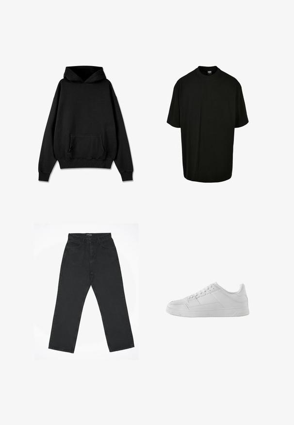 Pegador LOGO OVERSIZED HOODIE - Kapuutsiga pusa - vintage black black; Must must t-särk, millel on ümar kaelus ja lühikesed varrukad, ning mis on lõdva lõikega. Sile tekstuur, mustrid või aktsendid puuduvad.; Mustad sirge säärega teksad viie tasku ja tõmblukuga, lamavad valgel taustal, vöö peal sildiga "2Y STUDIOS".; Madal valge vabaajajalats tekstureeritud ja siledast nahast paneelidega, paeltega kinnitusega ning lame kummist tallaga, vaadatuna vasakult küljelt.