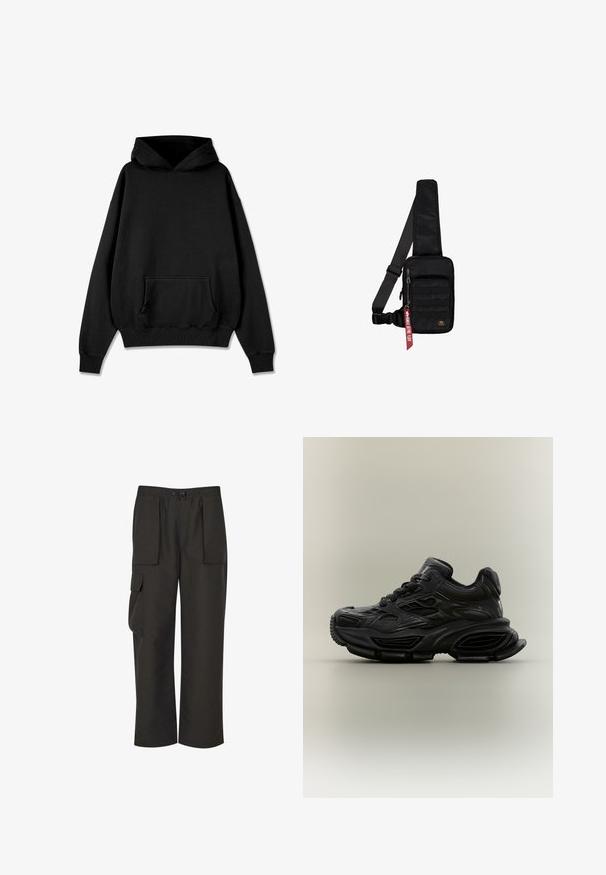 Pegador LOGO OVERSIZED HOODIE - Kapuutsiga pusa - vintage black black; Urban Classics TECHNICAL - Kargopüksid - black; Must tüse disainiga comfortabele toss, paks tallaga ja paeltega kinnitusega, esitatud lihtsal neutraalsel taustal.; Must tekstuuriga riidest õlakott. Omab lukuga põhiosa, esimest taskut rihmadega, reguleeritavat rihma ja dekoratiivset silti.