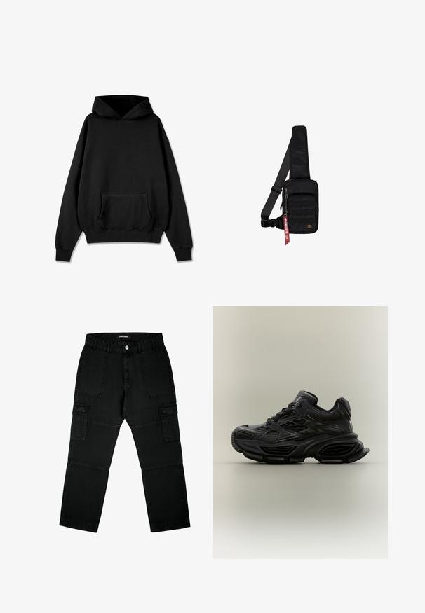 Pegador LOGO OVERSIZED HOODIE - Hættetrøje - vintage black black; Sorte cargo bukser lavet af denim, med flere lommer, lige ben design og tekstureret stof med synlige sømdetaljer.; Sort chunky sneaker med tekstureret design, tyk sål og snørelukning vist mod en almindelig neutral baggrund.; Sort skuldertaske lavet af tekstureret stof. Har et lynlåslukket hovedrum, forlom med webbing, justerbar rem og et dekorativt mærke.