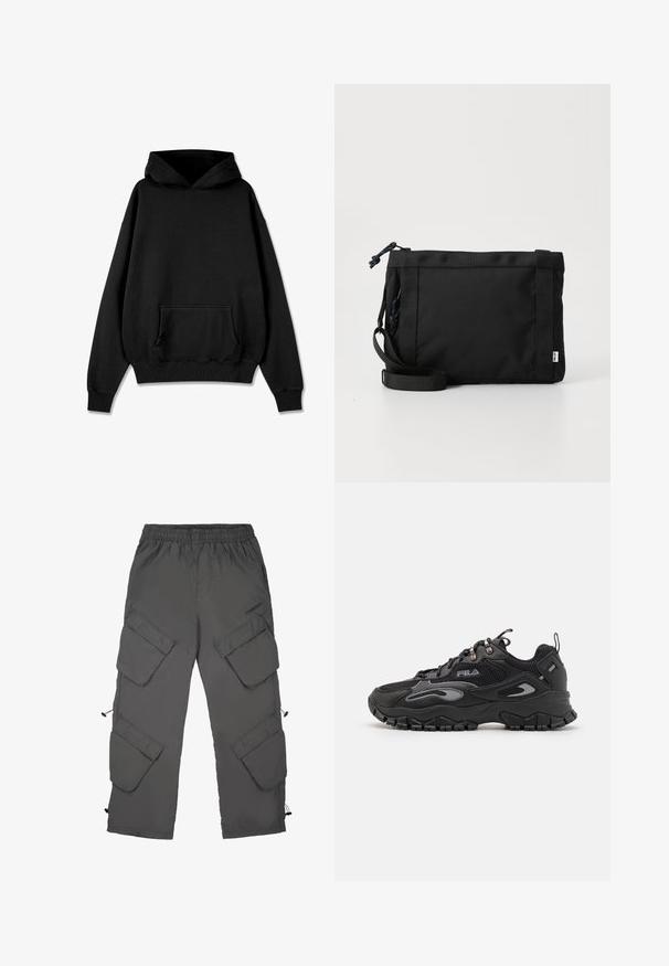 Pegador LOGO OVERSIZED HOODIE - Φούτερ με κουκούλα - vintage black black; Cargo παντελόνια από σκούρο γκρι ύφασμα με ελαστική μέση, πολλές τσέπες cargo, κορδόνια στο κάτω μέρος και λεία υφή.; Μαύρο αθλητικό παπούτσι με επάνω μέρος από δίχτυ και συνθετικό υλικό, καουτσούκ σόλα, στρογγυλή μύτη και ανακλαστικές λεπτομέρειες στα πλάγια και στα κορδόνια.; Μαύρη τσάντα ώμου από ύφασμα με υφή στην εξωτερική επιφάνεια, ρυθμιζόμενο λουρί και κλείσιμο με κορδόνι. Διαθέτει έντονη ραφή και ετικέτα στο πλάι.