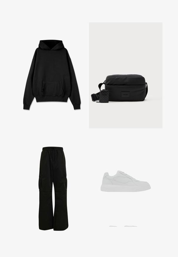 Pegador LOGO OVERSIZED HOODIE - Huppari - vintage black black; Musta cargo-housut, joissa on joustava vyötärö, leveä lahjesuunnittelu ja suuret sivutaskut käytännöllisyyden ja mukavuuden takaamiseksi. Sileä pinta.; Valkoinen matala tennari, jossa nyöritys, sileä nahkainen päällinen ja paksu kumipohja, esitetty ulkopuolelta.; Musta olkalaukku, joka on valmistettu sileästä nylonista ja jonka muoto on suorakulmainen. Laukussa on irrotettava pieni pussukka ja säädettävä olkahihna.