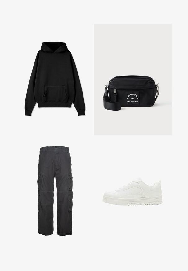Pegador LOGO OVERSIZED HOODIE - Hættetrøje - vintage black black; Sorte cargo-bukser lavet af bomuld, som har flere sidelommer, en lige ben-design og syede detaljer på sømmene.; Hvid lavtop-sneaker med tyk sål, snørebånd foran og diskrete syninger som designdetaljer på den glatte overflade.; Sort nylon crossbody taske med lynlås, justerbar rem og et hvidt mærke med teksten "Karl Lagerfeld Paris." Kompakt design.