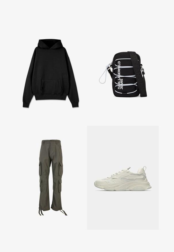 Pegador LOGO OVERSIZED HOODIE - Kapuutsiga pusa - vintage black black; Roheline puuvillasegusegusest kangast cargo-püksid, millel on mitu külgetaskut, lõdva lõikega ja sääremäärangud, mida on võimalik reguleerida.; Turskevalge massiivse tossu võrgust detailidega, tekstuurse kummist tallaga ja ümarate vormidega. Omab minimaalset brändimist ja kannal asuvat tõmbenööriga silmust.; Must käekott valgete elastsete nööride, hõbedaste detailide ja esiküljel valgete tähtedega kirjaga "KARL LAGERFELD JEANS", millel on lai must rihm.