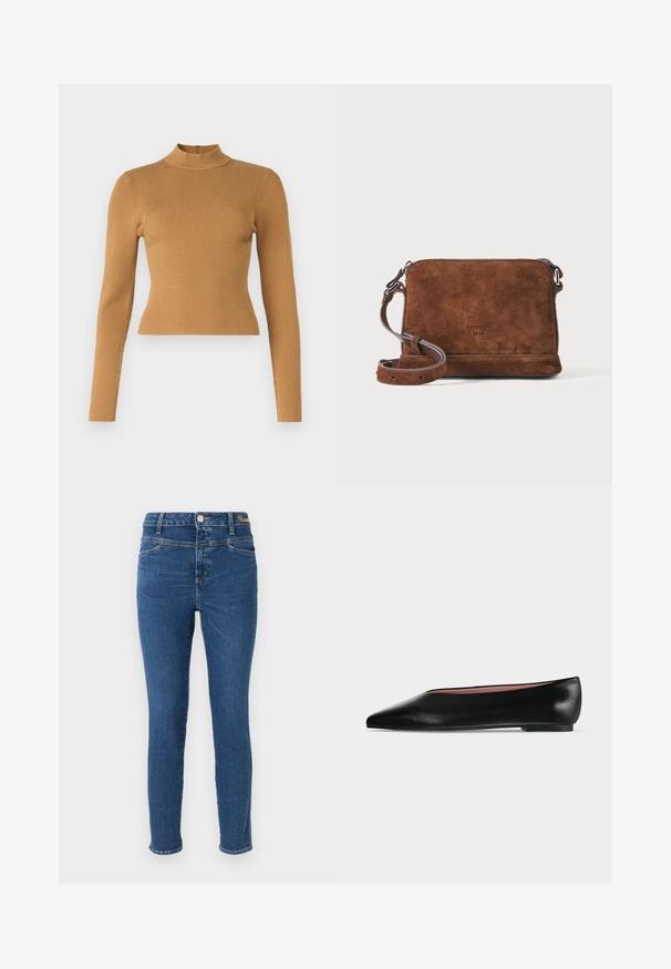 Haut col roulé côtelé de couleur brun chaud. Il dispose de manches longues, d'une coupe ajustée et d'une petite fermeture éclair au dos. Texture lisse.; Jean skinny en denim bleu foncé, avec cinq poches, une fermeture à bouton et des coutures contrastées. Texture lisse avec un minimum de décoloration.; Chaussure plate en cuir noir pour femme, avec bout pointu et petit talon, vue de côté sur un fond gris clair uni.; Sac bandoulière en daim marron avec sangle réglable et ferrures argentées, forme rectangulaire sur fond uni clair.